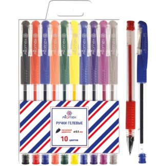 Набор ручек гелевых 10цв Attomex 0,5 мм, прозрачный корпус, метал након, резинка, пластик блист
