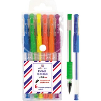 Набор ручек гелевых  6цв Attomex 0,8 мм, прозрачный корпус метал након, резинка, пластик блист