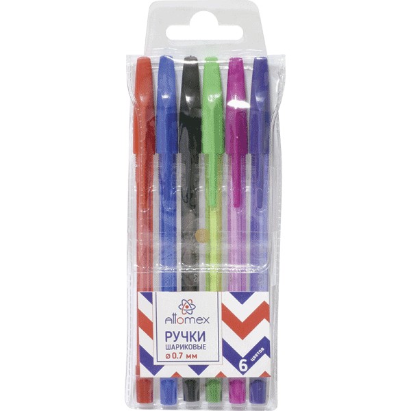 Набор ручек шариковых  6цв Attomex 0,7 мм, полупрозрачный корпус, метал наконечн, пластик блистер