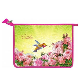 Папка для тетрадей А5 молния сверху, Колибри блестки, конгрев, картон лам