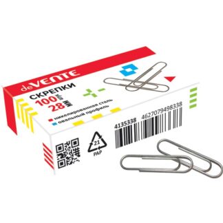 Скрепки 28 мм deVENTE металлические овальные никелированные, 100 шт в картонной коробке