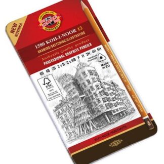 Карандаши ч/г KOH-I-NOOR 1582 набор 12шт (6В-6Н), профессиональные трехгранные в металлической короб