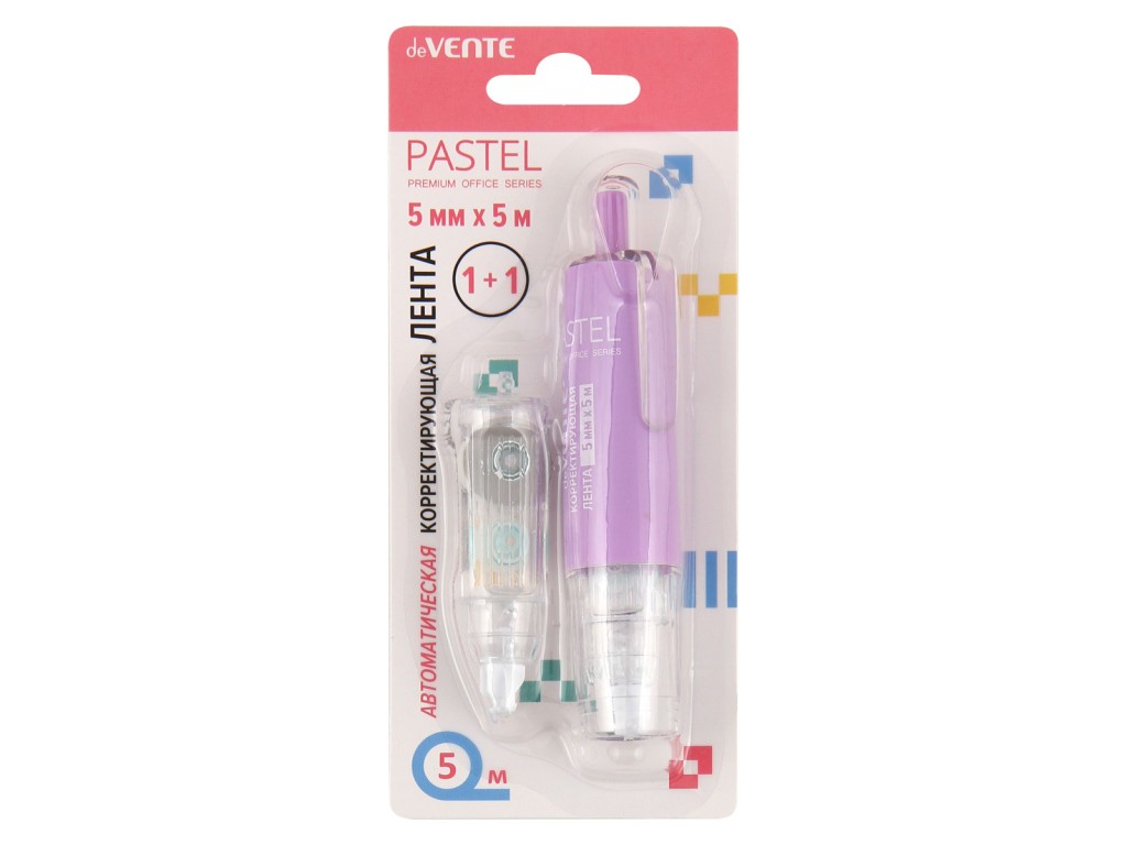 Корректирующая лента deVENTE Pastel 5 ммx5 м,+  сменный картридж 5 ммx5 м, в картонном блистере